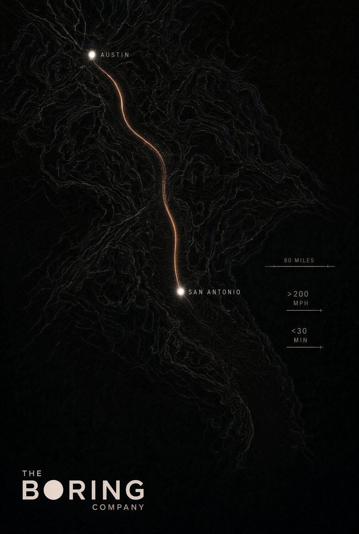 Grafika: Austin–San Antonio, 200+ mph, 2,5 godziny do poniżej 30 minut