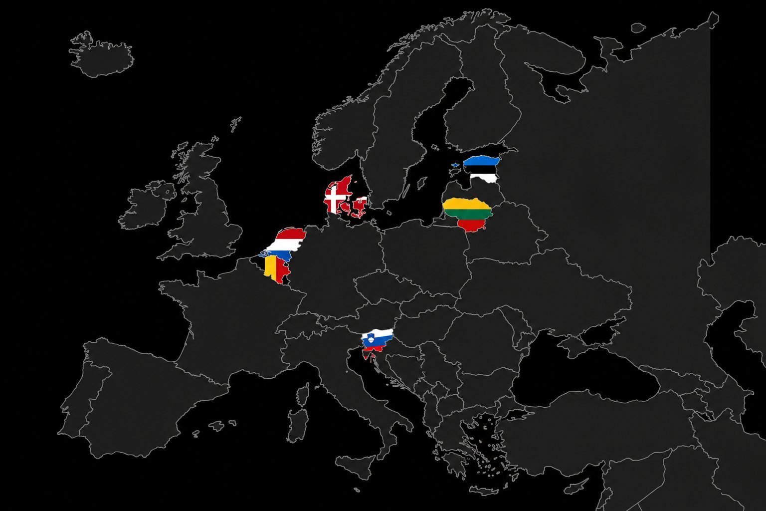Mapa Europy z sześcioma flagami krajów, które zatwierdziły FSD Supervised