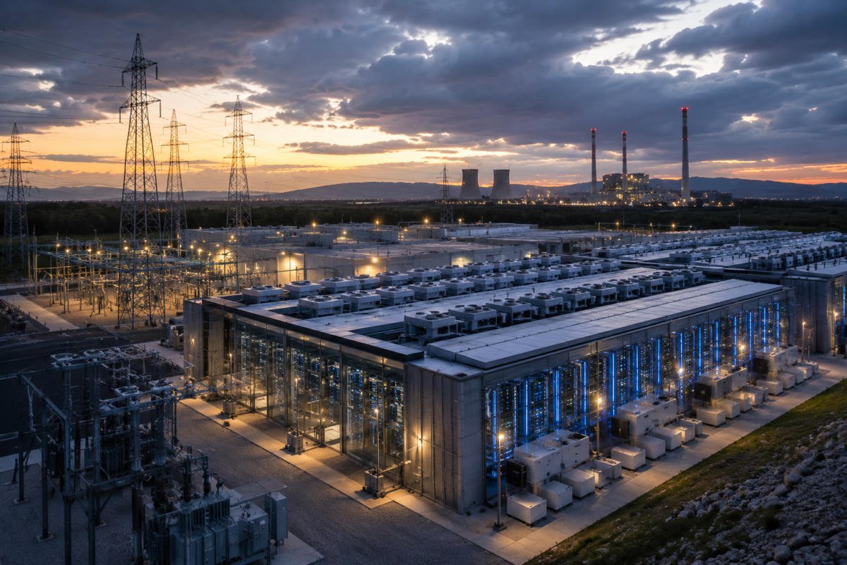 Centrum danych AI przy stacji transformatorowej, w tle elektrownia o zachodzie słońca