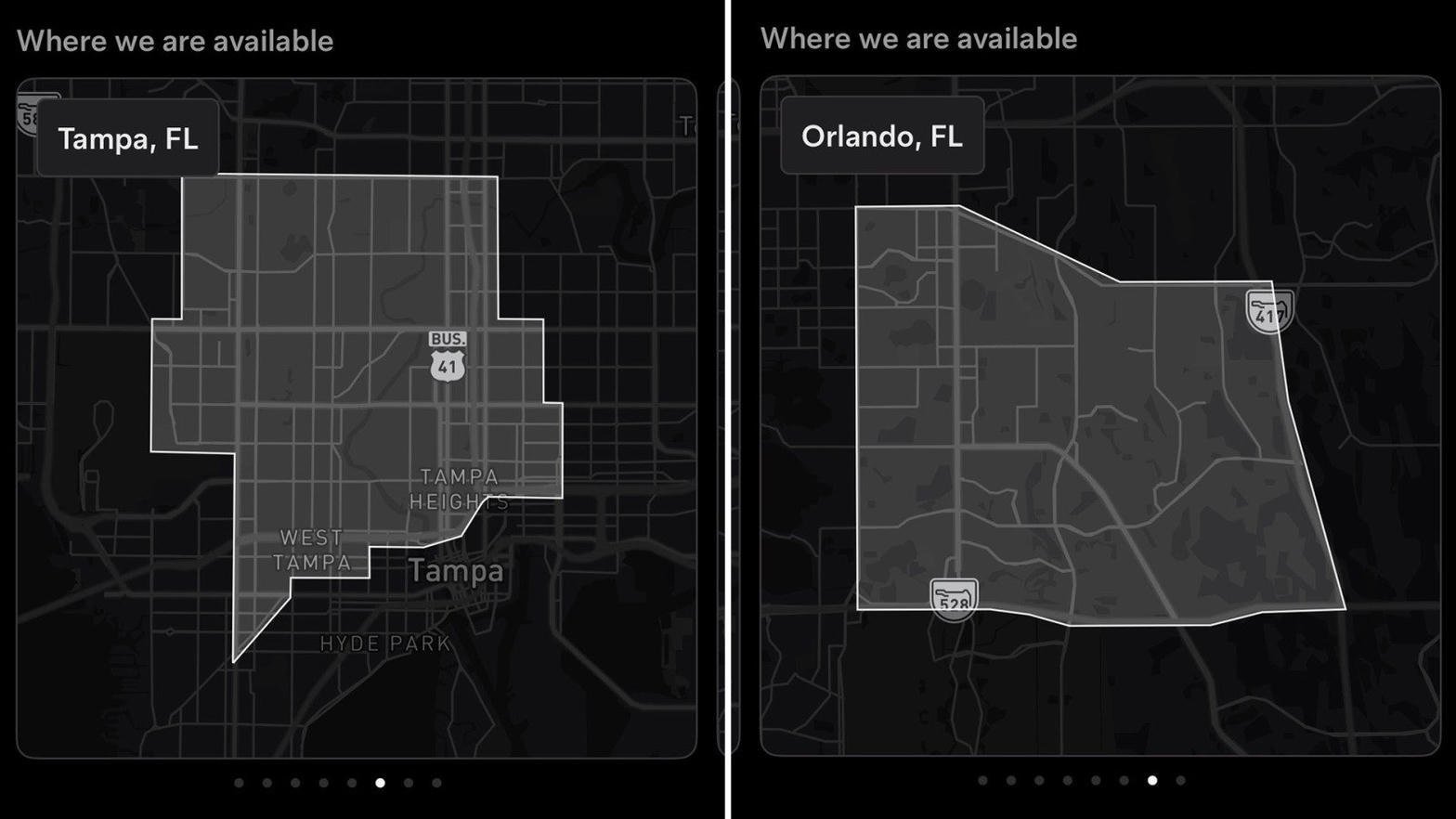 Mapa aplikacji Robotaxi: strefy Tampa i Orlando