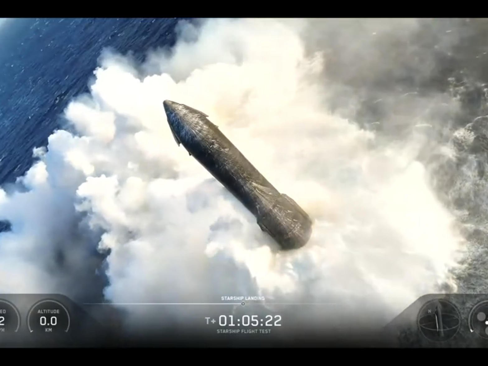 Starship Flight 13: drugi stopień przy najłagodniejszym wodowaniu, T+1:05:22