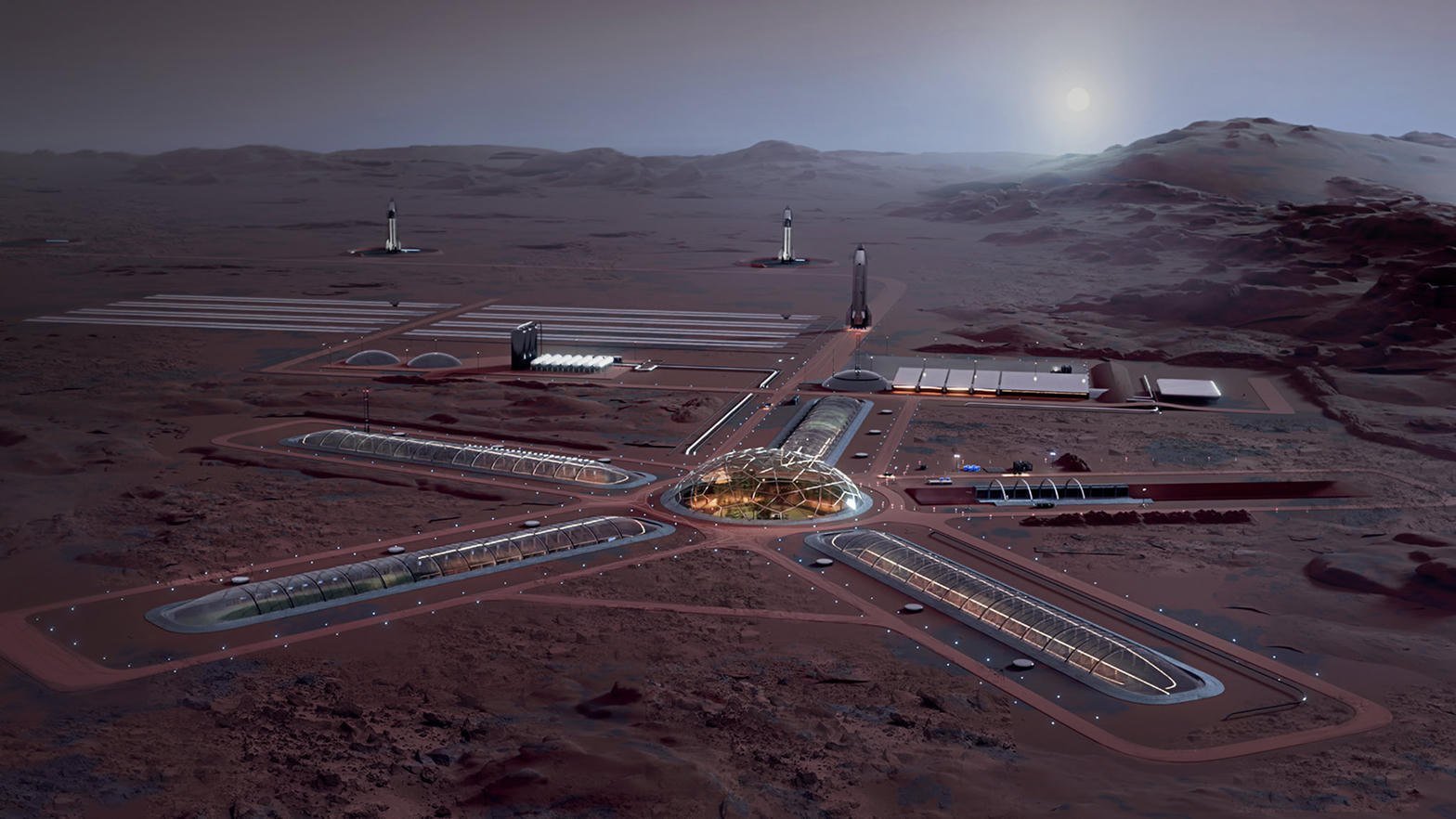 Widok z góry na kolonię marsjańską SpaceX: kopuła, tunele, trzy Starshipy