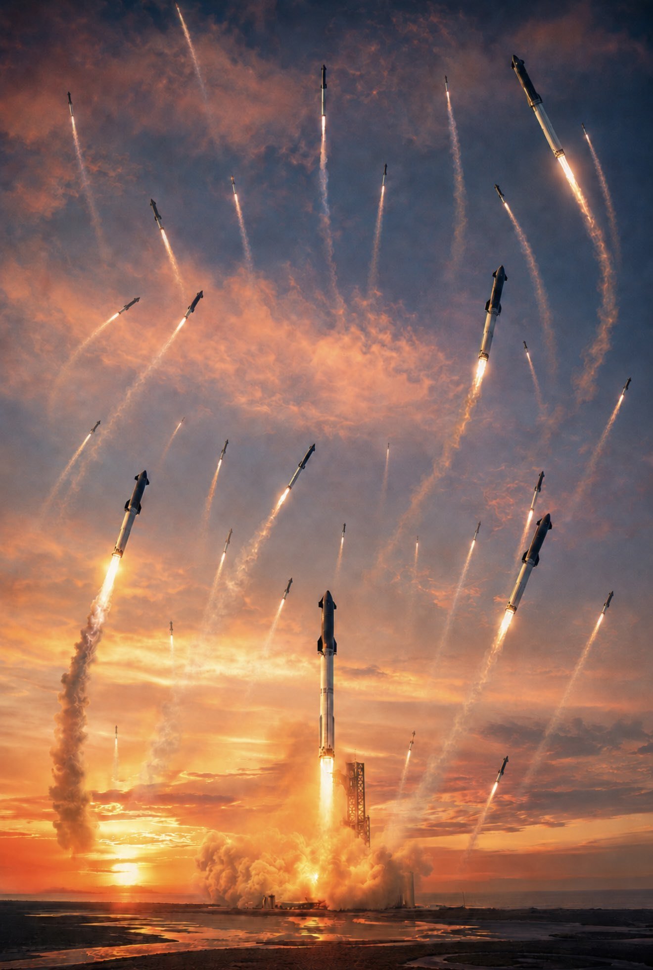 Grafika DogeDesignera: 10 000 startów Starshipa rocznie do 2030, jeden co 50 minut
