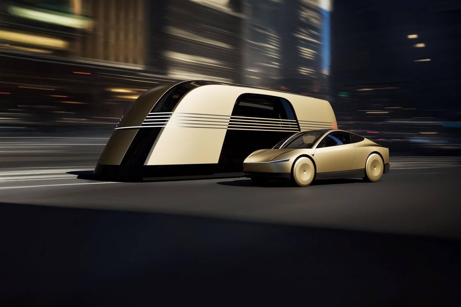 Tesla Robovan i Cybercab obok siebie, kadr z We, Robot
