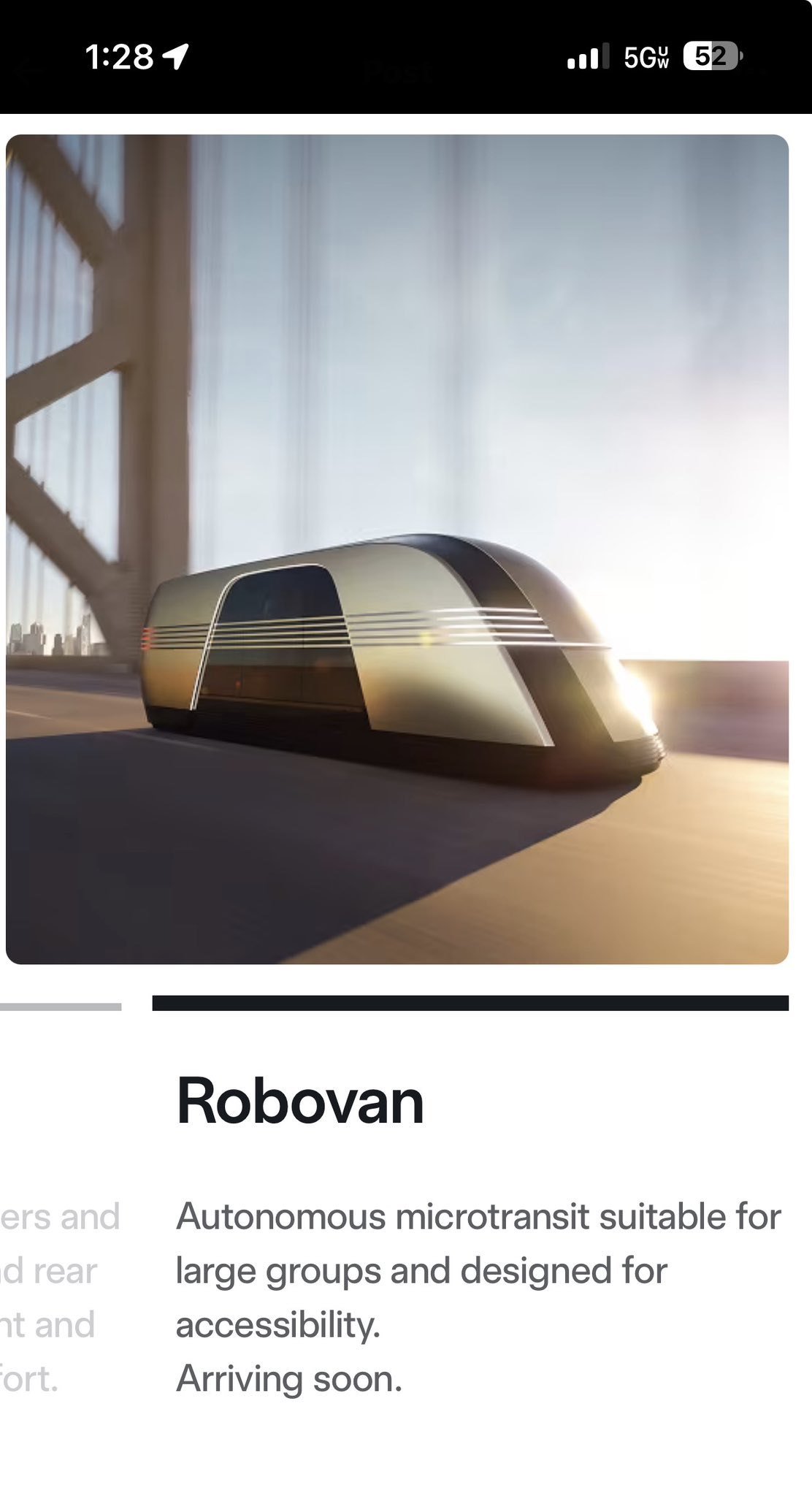 Karta Robovan na tesla.com/robotaxi z etykietą Arriving soon