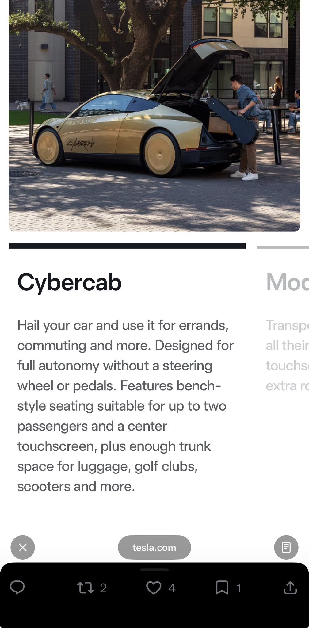 Zrzut tesla.com/robotaxi z trzema pojazdami i podpisami